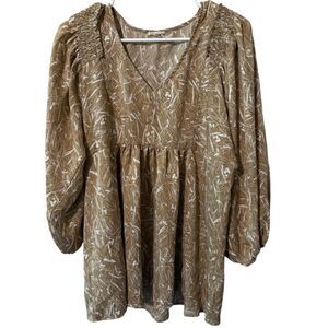 🌹JODIFL TAN/WHITE ABSTRACT V NECK BLOUSE